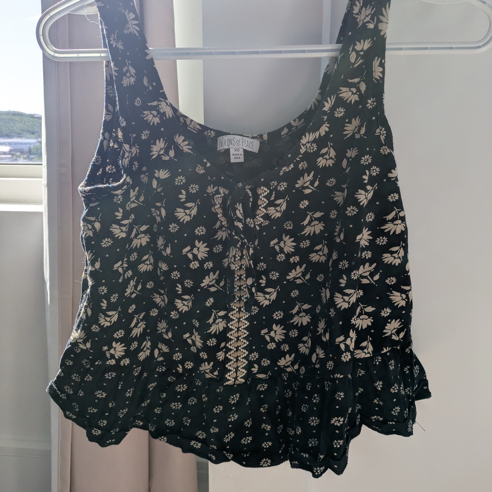 Patrons of Peace Black and Cream Floral Tank Top